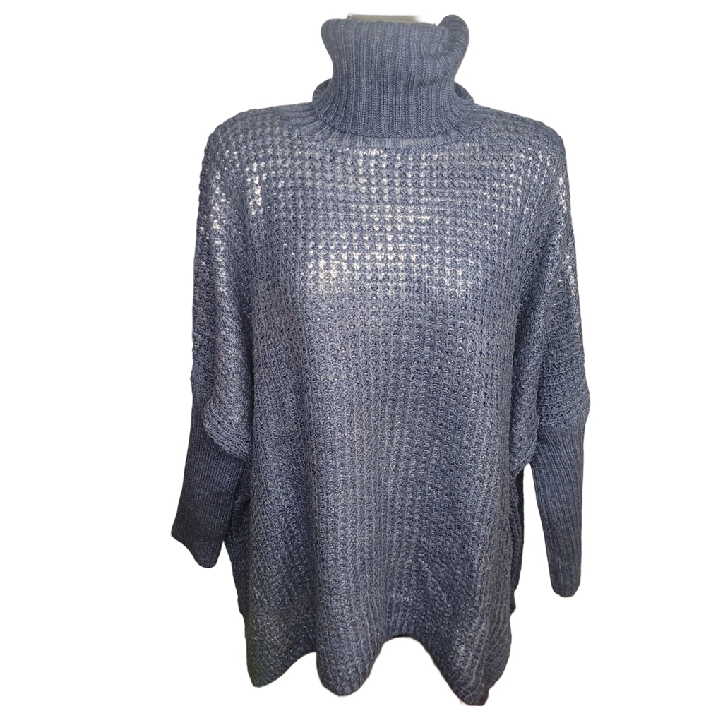 Angela Mara Blue and Silver Shimmery Turtleck High Low Dolman Sleeve Sweater S/M
